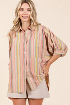 Mittoshop Striped Bubble Sleeve Button Down Shirt - Whispering Desires Shoppe
