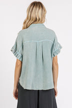 Mittoshop Mineral Washed Button Down Flounce Sleeve Shirt - Whispering Desires Shoppe