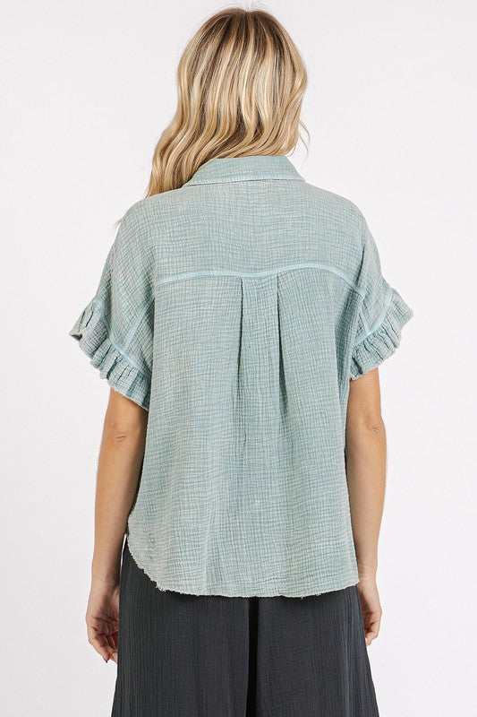 Mittoshop Mineral Washed Button Down Flounce Sleeve Shirt - Whispering Desires Shoppe