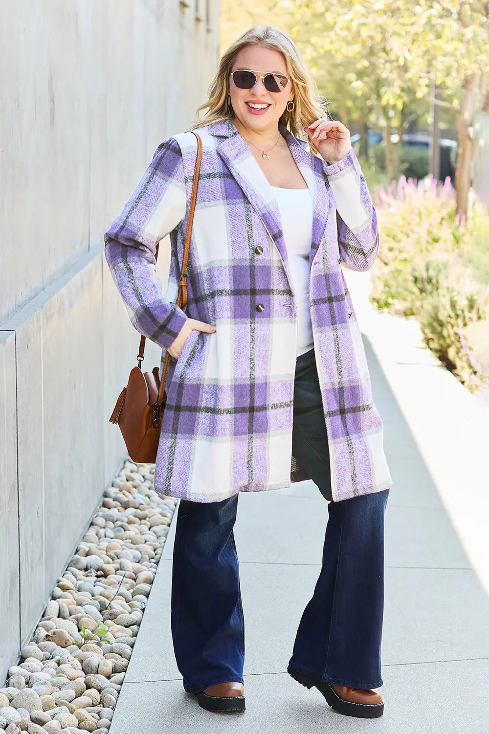 Double Take Full-Size Plaid Lapel Coat - Whispering Desires Shoppe