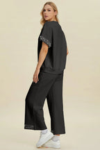 Double Take Full Size Pearl Detail Round Neck Top and Pants Set - Whispering Desires Shoppe