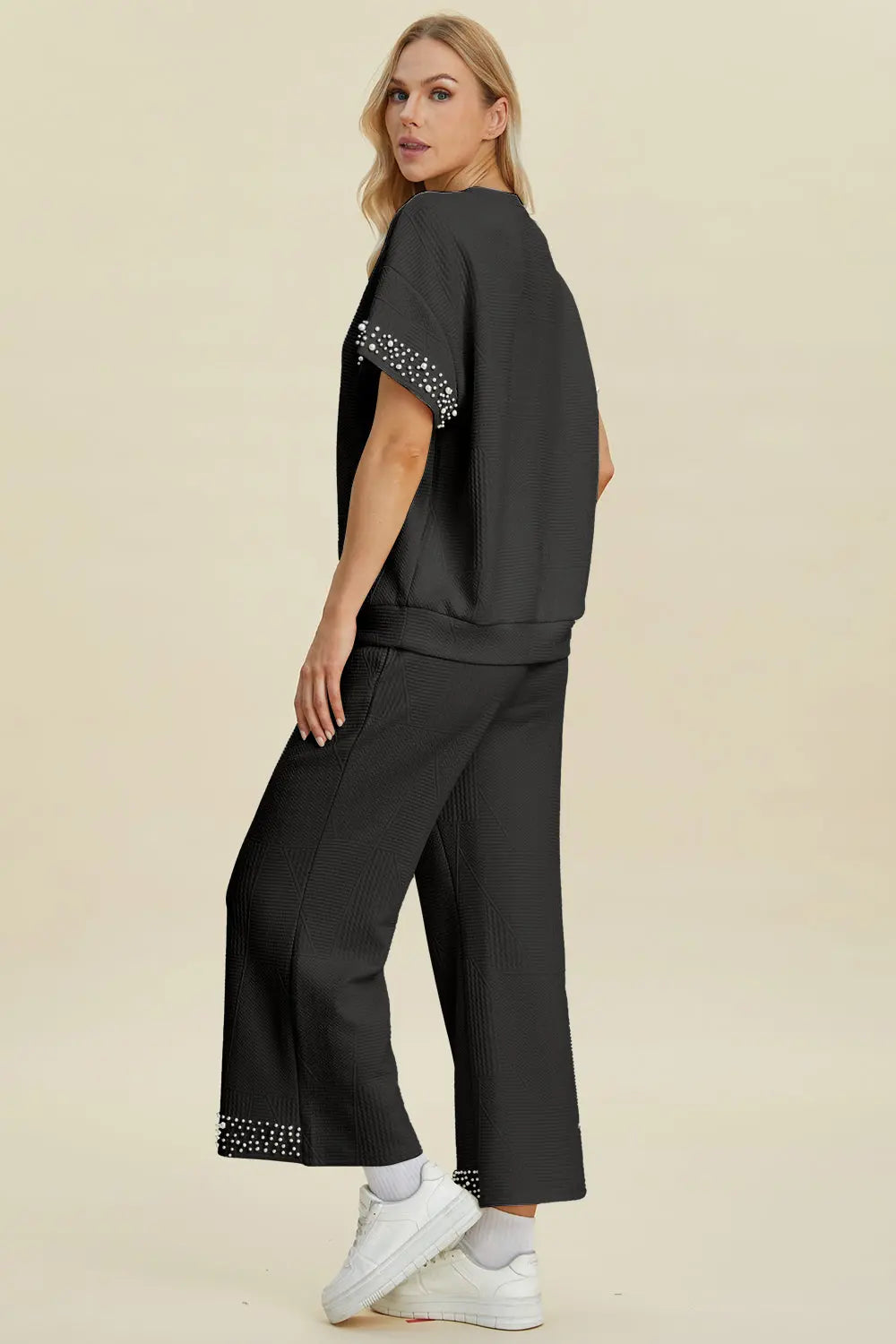 Double Take Full Size Pearl Detail Round Neck Top and Pants Set - Whispering Desires Shoppe