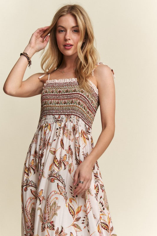 ADORA Smocked Printed Square Neck Tie Shoulder Cami Dress - Whispering Desires Shoppe
