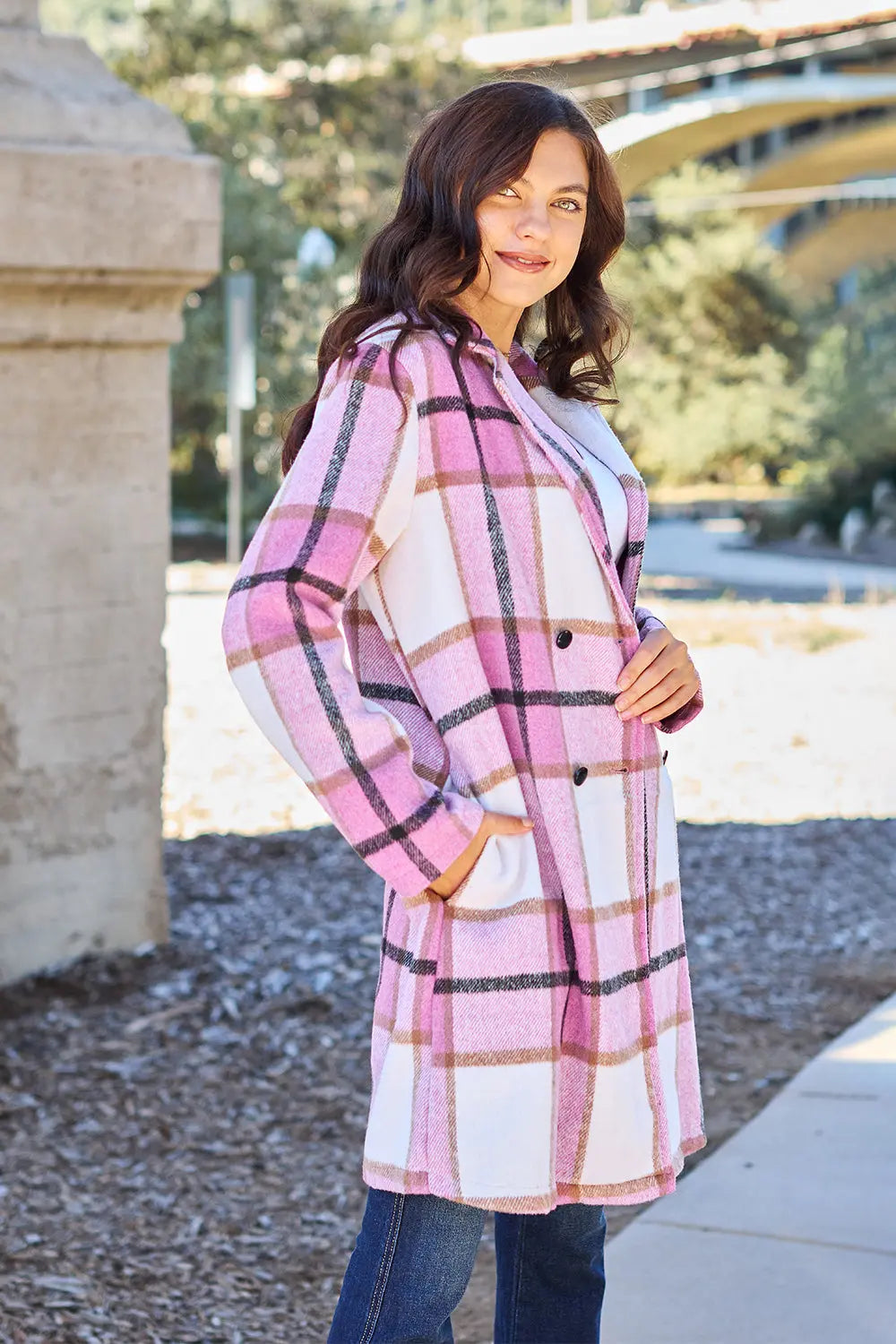 Double Take Full-Size Plaid Lapel Coat - Whispering Desires Shoppe