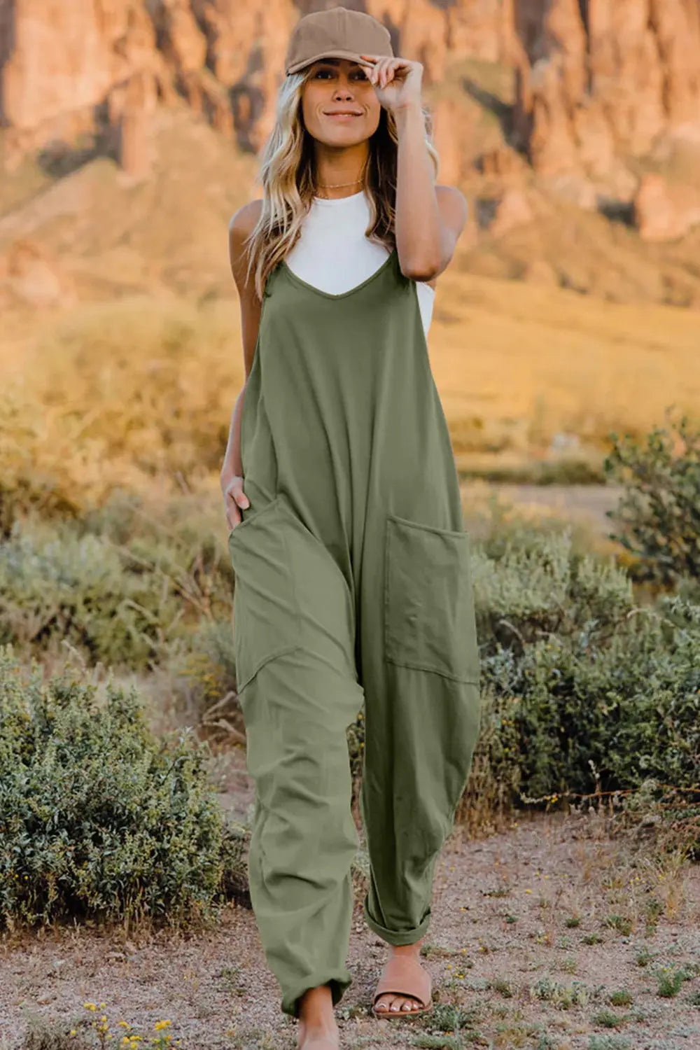 Double Take V-Neck Sleeveless Jumpsuit w/ Pockets - Whispering Desires Shoppe