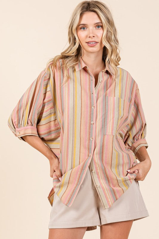 Mittoshop Striped Bubble Sleeve Button Down Shirt - Whispering Desires Shoppe