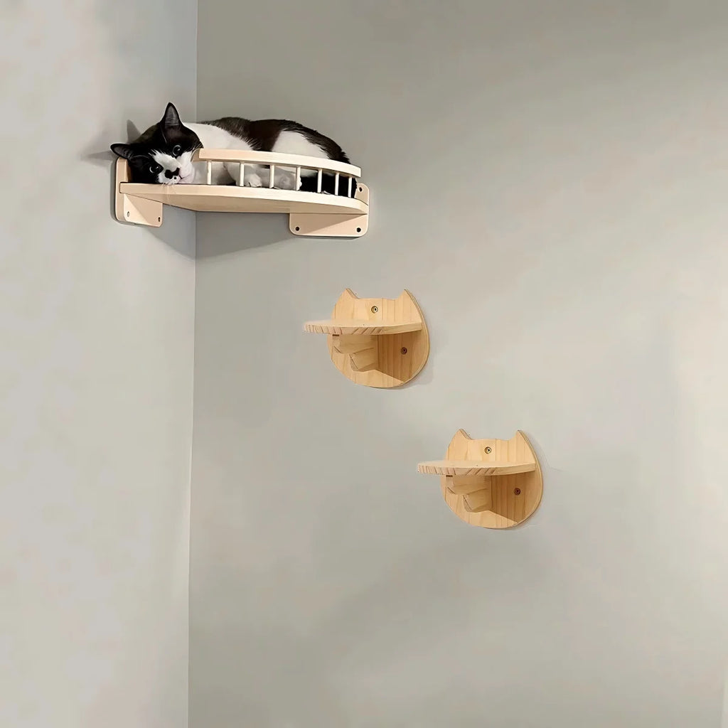 Pine Wood Corner Cat Hammock & Steps Set