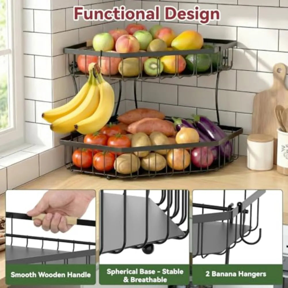 Two-Tier Corner Fruit Basket with Banana Hooks