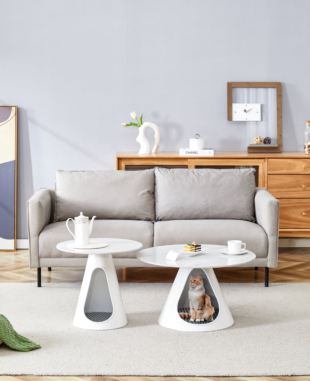 set of 2 coffee round tables with a marble-look top and steel base with 2 cat beds multifunctional and stylish entable eprolo