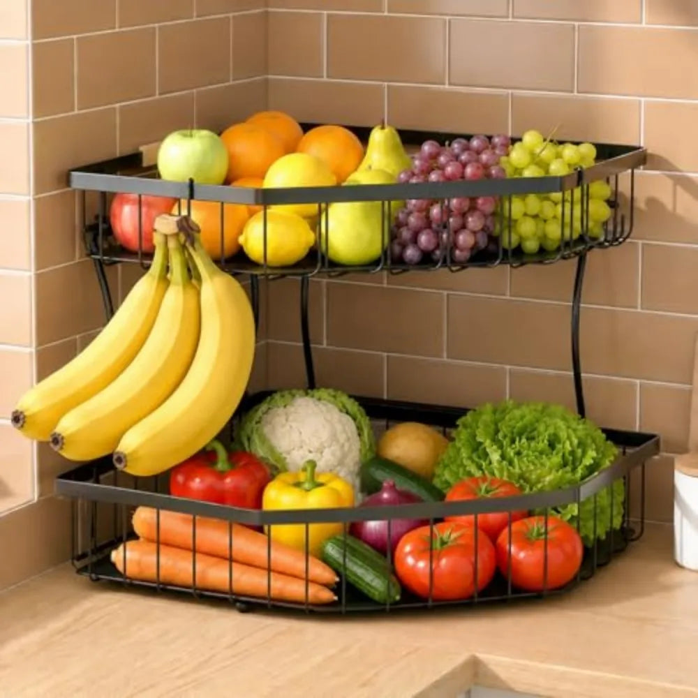 Two-Tier Corner Fruit Basket with Banana Hooks