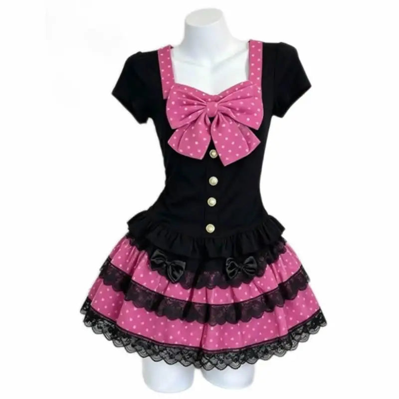 Women's Bow Top and Tiered Mini Skirt Set — Rose Red