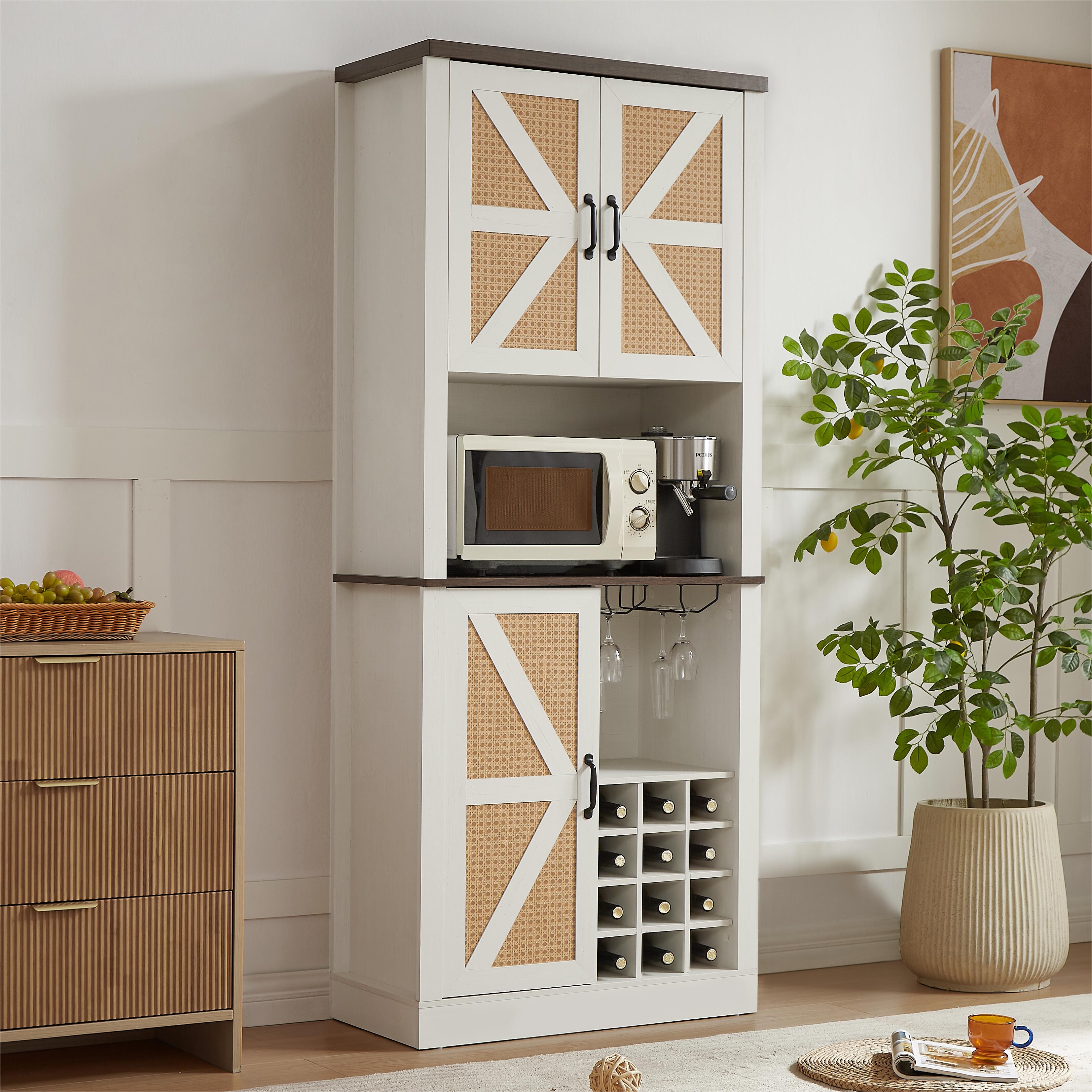 76 Inch Tall Farmhouse Kitchen Faux Rattan Wine Cabinet, Kitchen Bar Cabinet with Square Compartments and Shelves eprolo