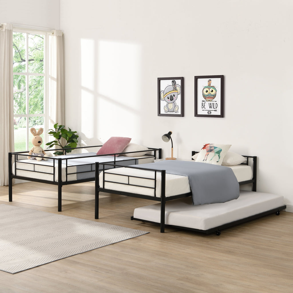 Twin bunk bed frame with trailer, metal bunk bed with sturdy guardrail and side ladder, can be divided into two beds, black eprolo