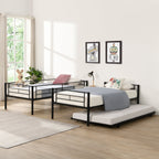 Twin bunk bed frame with trailer, metal bunk bed with sturdy guardrail and side ladder, can be divided into two beds, black eprolo