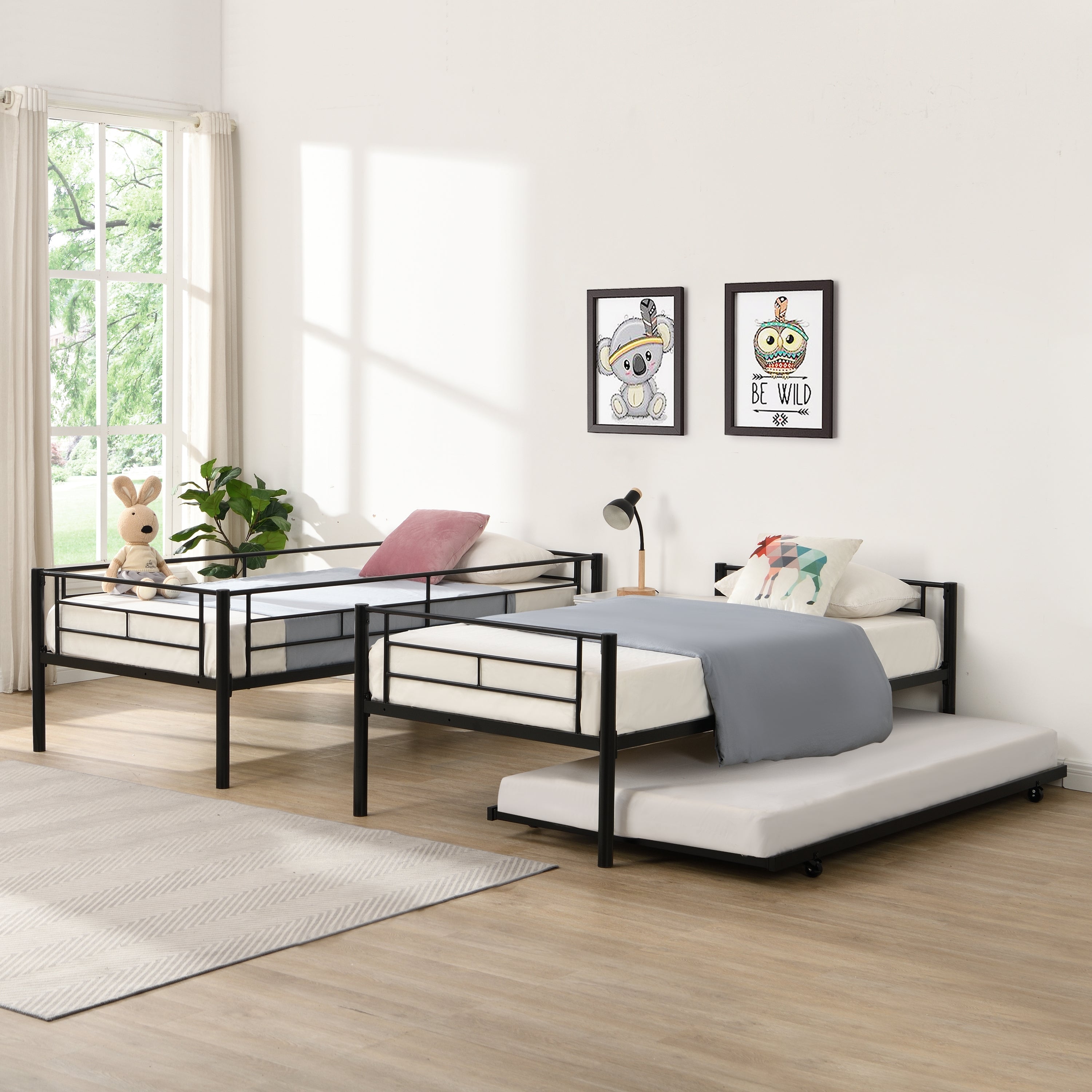 Twin bunk bed frame with trailer, metal bunk bed with sturdy guardrail and side ladder, can be divided into two beds, black eprolo