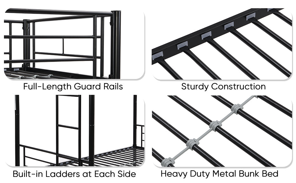 Twin bunk bed frame with trailer, metal bunk bed with sturdy guardrail and side ladder, can be divided into two beds, black eprolo