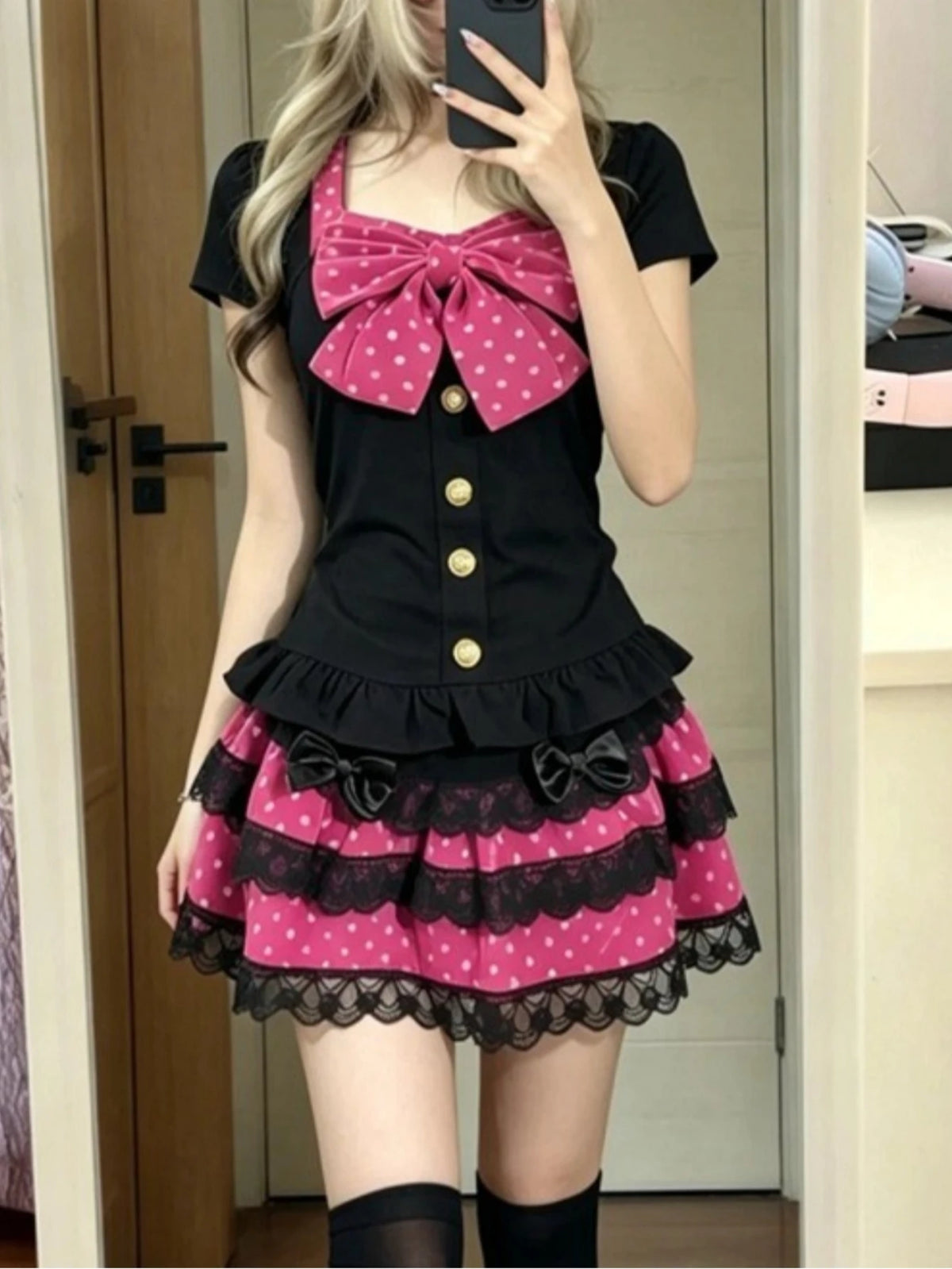 Women's Bow Top and Tiered Mini Skirt Set — Rose Red