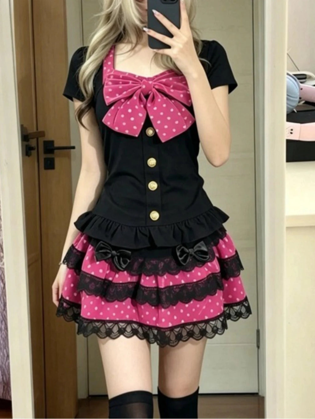 Women's Bow Top and Tiered Mini Skirt Set — Rose Red