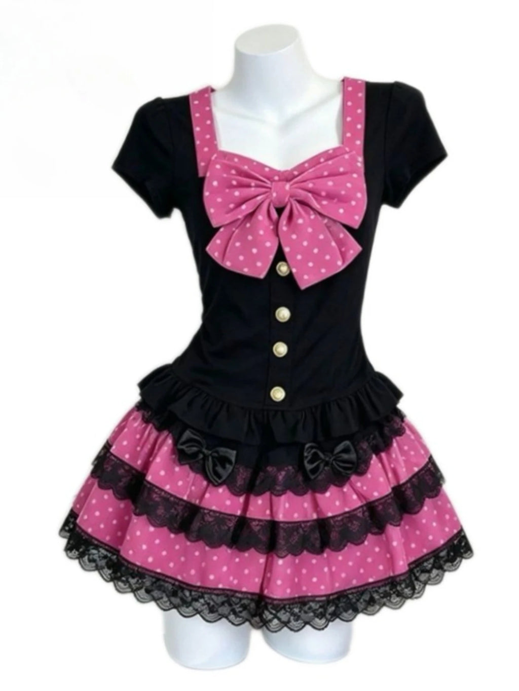 Women's Bow Top and Tiered Mini Skirt Set — Rose Red