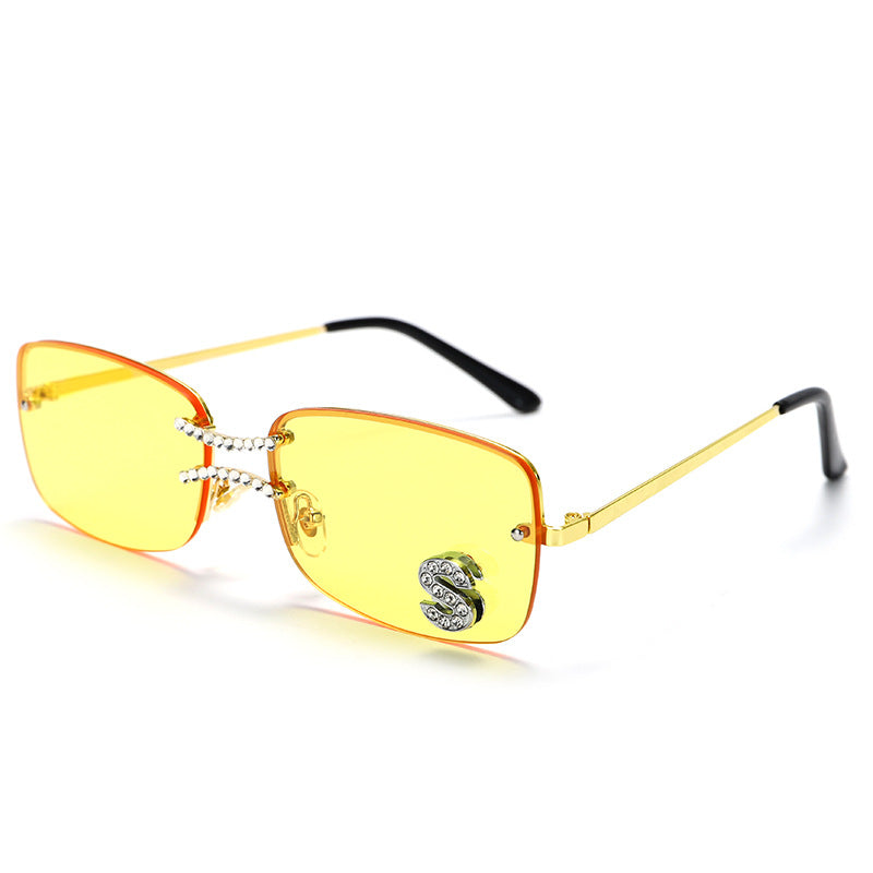 New Hong Kong Style Square Fashion Double Nose Bridge Frameless Metal Sunglasses Hip-Hop Style Ocean Piece Letter S Diamond Sunglasses eprolo