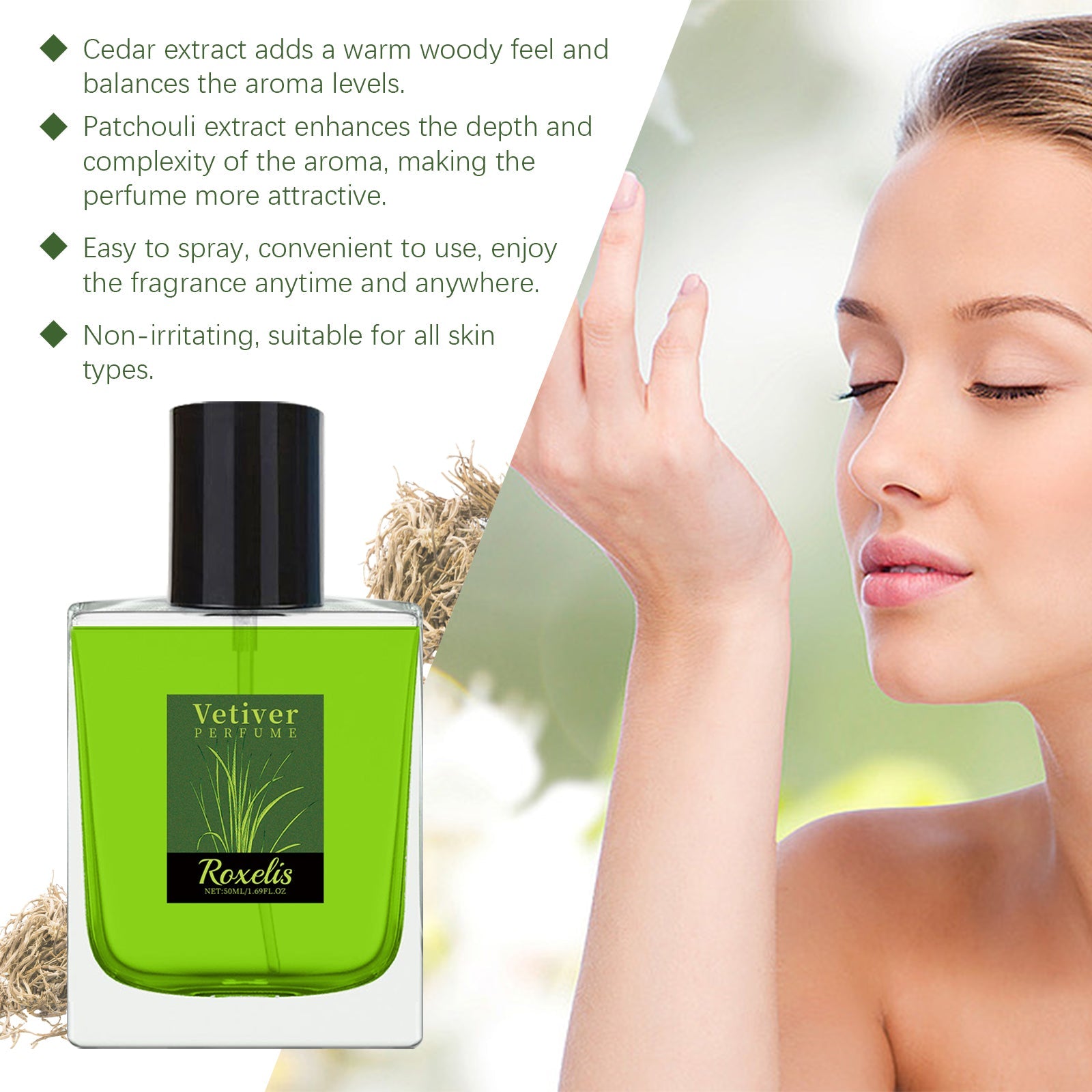 Roxelis Vetiver Fresh Perfume Exudes Charm Natural Fresh Elegant Fragrance Stay Fragrance Everyday Portable Fragrance Perfume eprolo