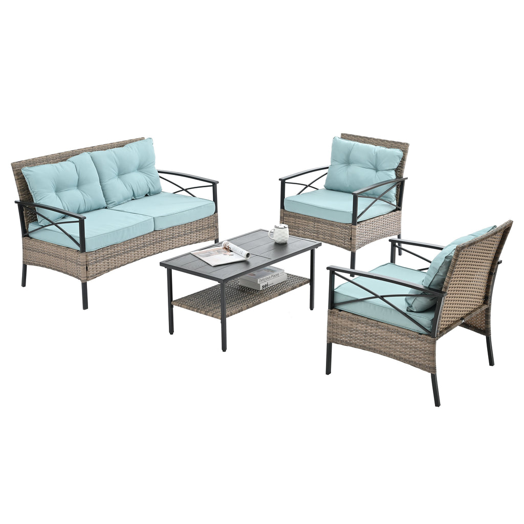 Patio Furniture, Outdoor Furniture, Seasonal PE Wicker Furniture, Four Set Wicker Furniture With Black Metal Table eprolo