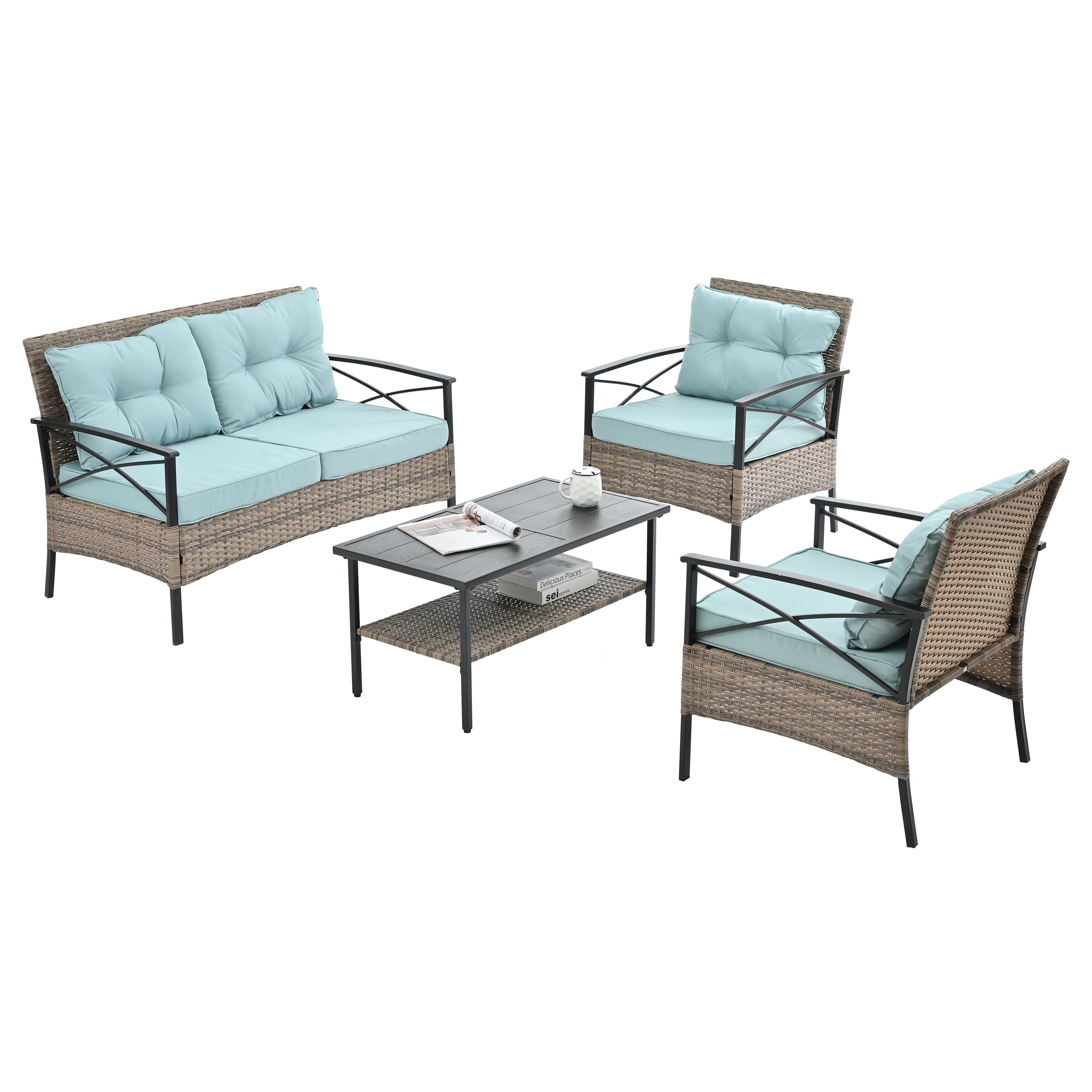 Patio Furniture, Outdoor Furniture, Seasonal PE Wicker Furniture, Four Set Wicker Furniture With Black Metal Table eprolo