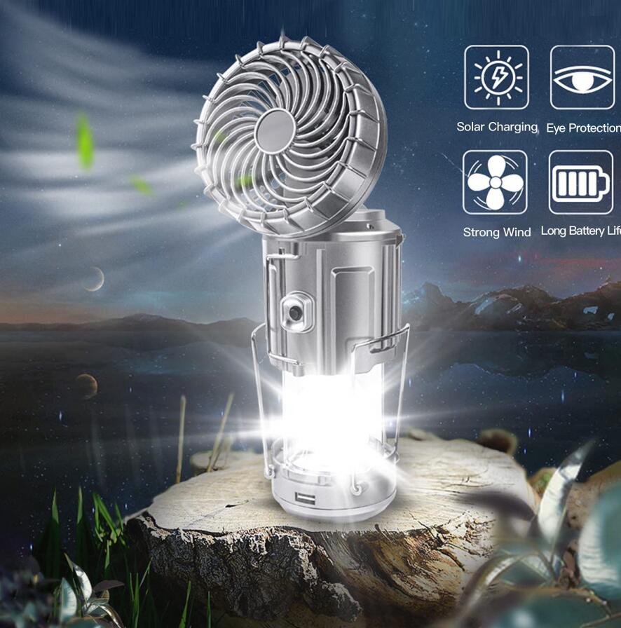 Portable Outdoor LED Camping Lantern With Fan Solar Charge Rechargeable Light Hanging Tent Lamp Fish Flashlight eprolo