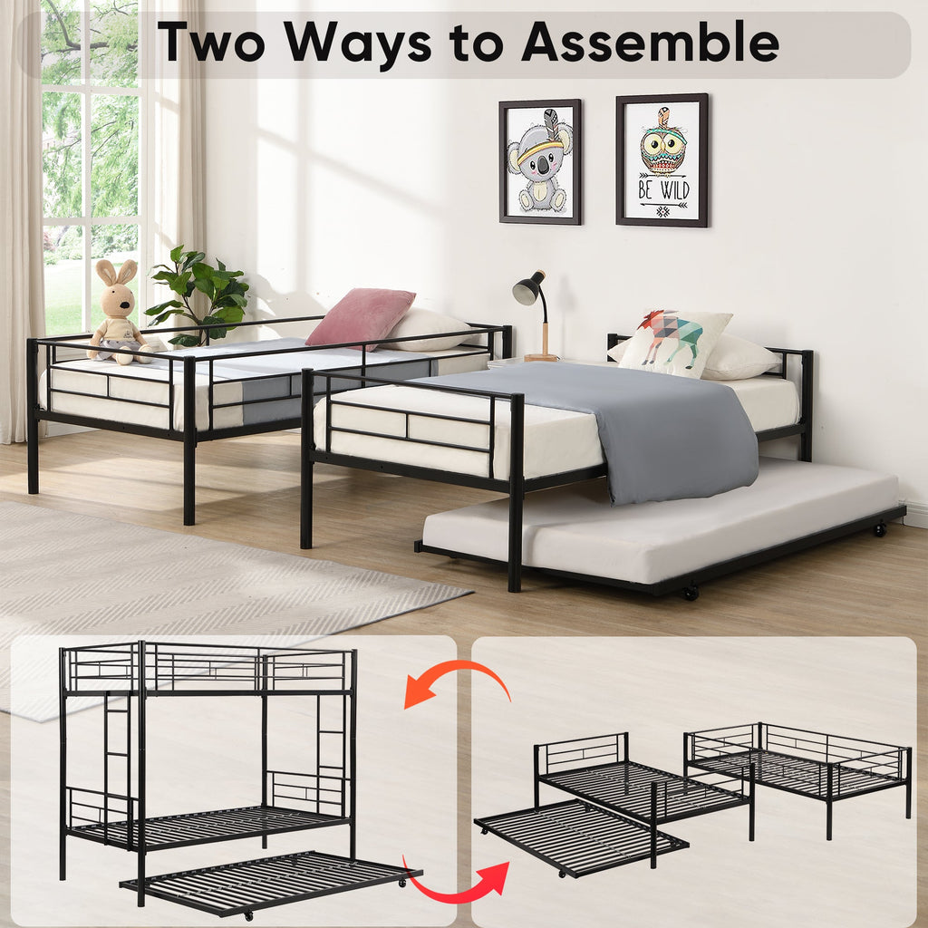Twin bunk bed frame with trailer, metal bunk bed with sturdy guardrail and side ladder, can be divided into two beds, black eprolo