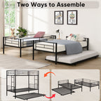 Twin bunk bed frame with trailer, metal bunk bed with sturdy guardrail and side ladder, can be divided into two beds, black eprolo
