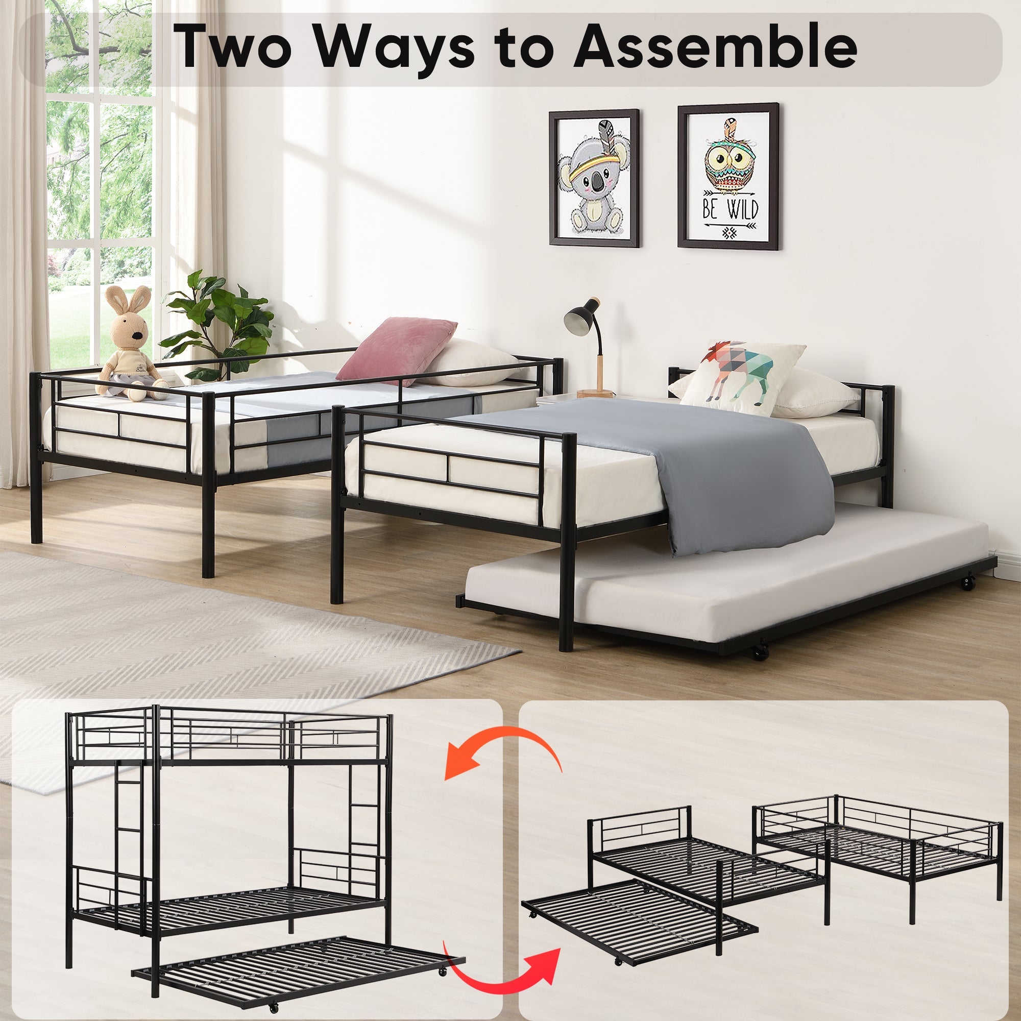 Twin bunk bed frame with trailer, metal bunk bed with sturdy guardrail and side ladder, can be divided into two beds, black eprolo