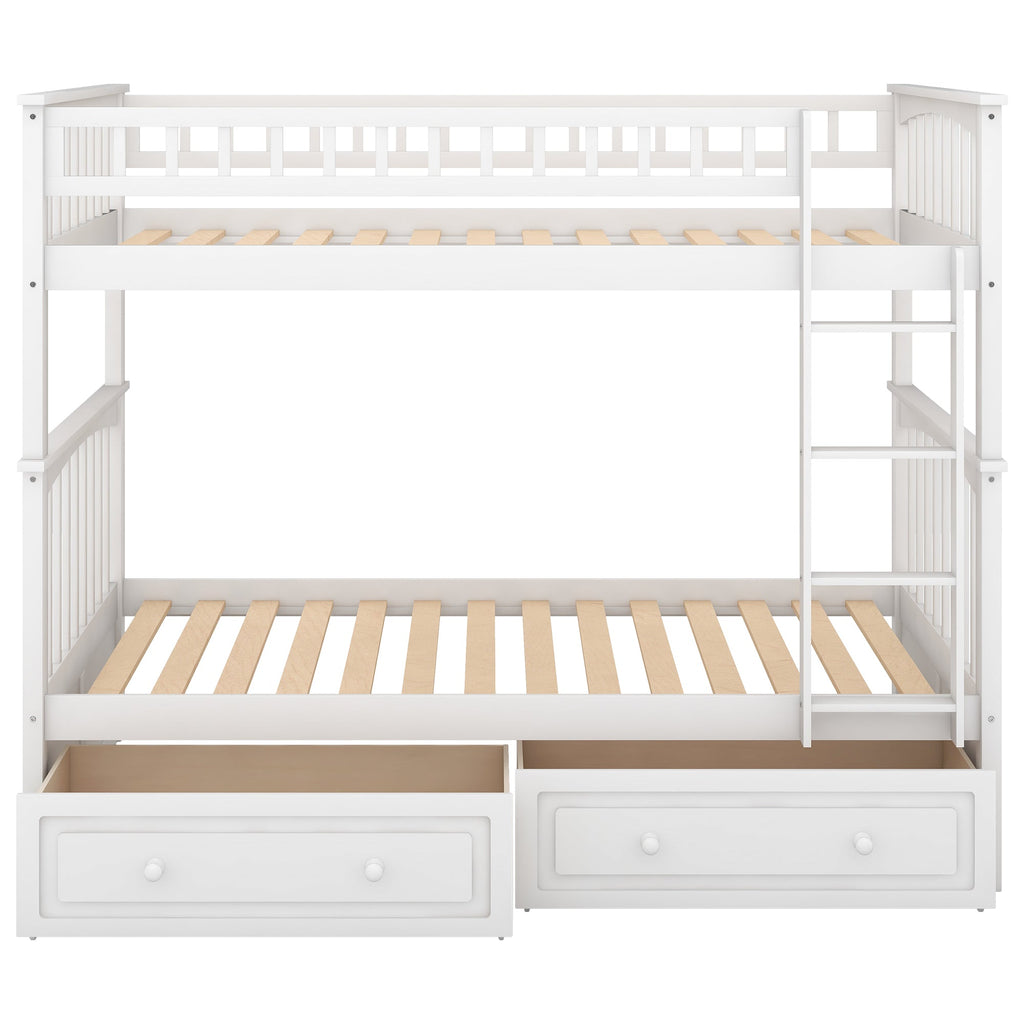 Twin over Twin Bunk Bed with Drawers  Convertible Beds  White eprolo
