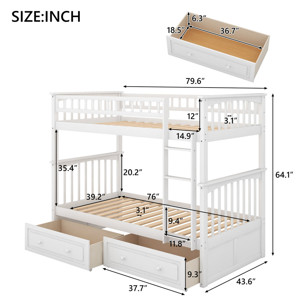 Twin over Twin Bunk Bed with Drawers  Convertible Beds  White eprolo