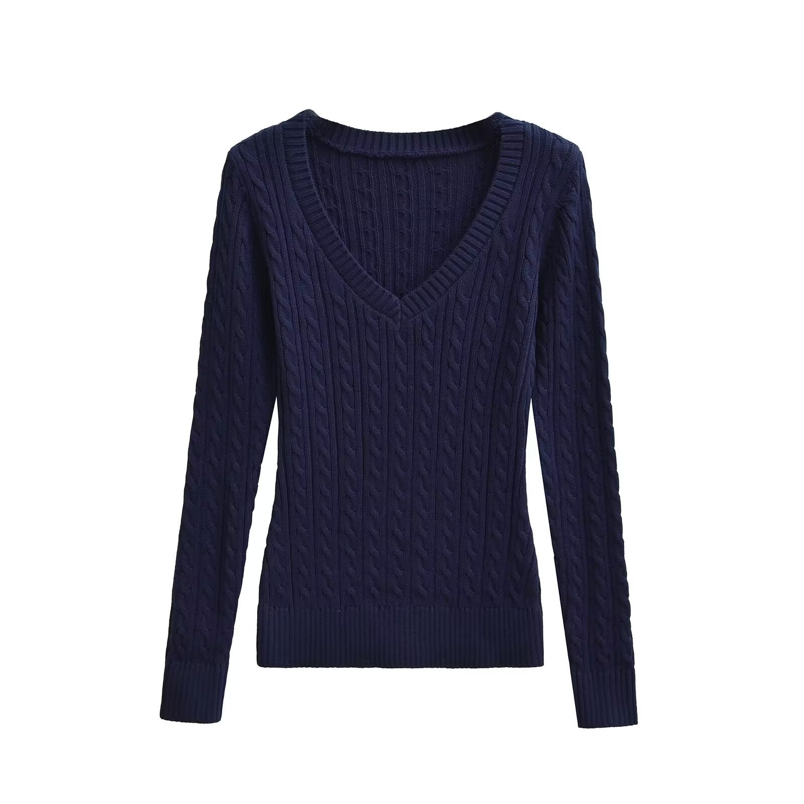 Slim fit V-neck striped Fried Dough Twists long sleeve sweater