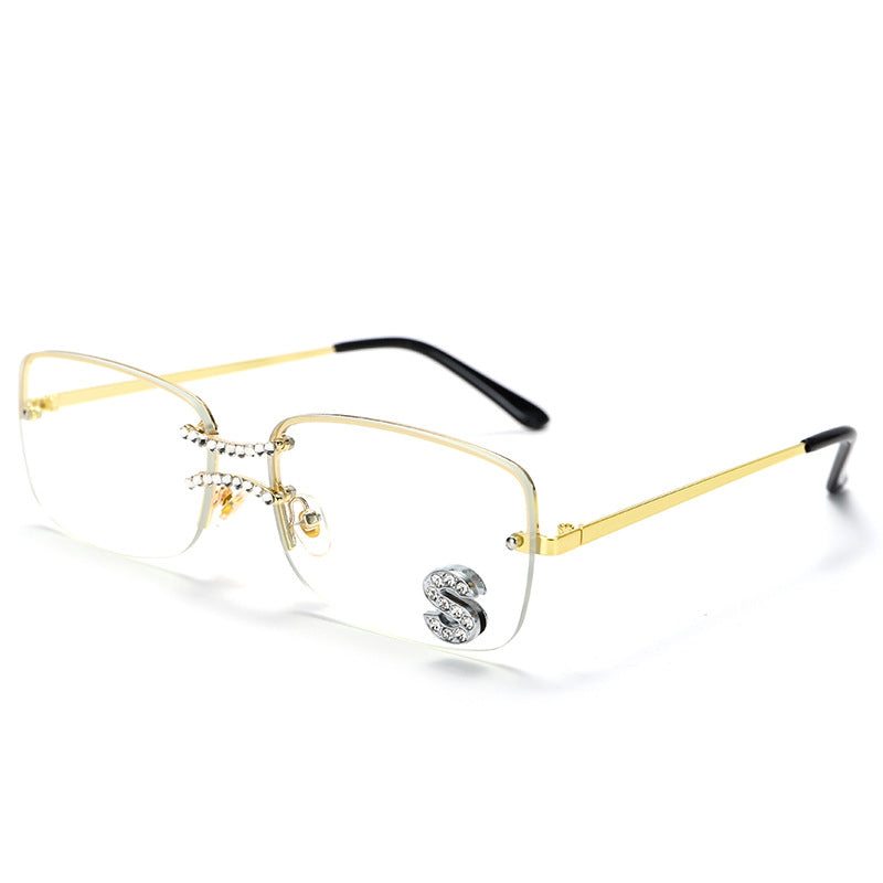 New Hong Kong Style Square Fashion Double Nose Bridge Frameless Metal Sunglasses Hip-Hop Style Ocean Piece Letter S Diamond Sunglasses eprolo