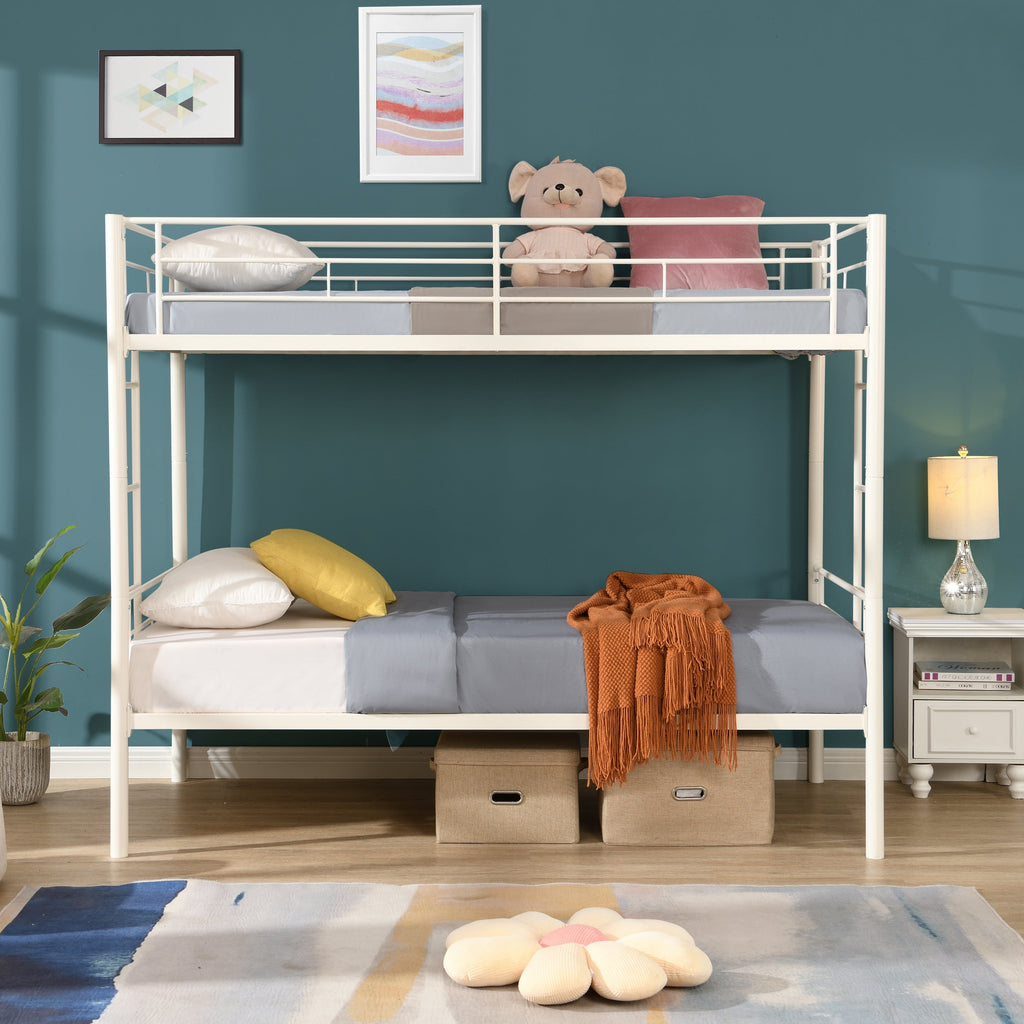 Twin metal bunk beds, metal structure bed frame with safety guardrails and 2 ladders, convertible bunk beds, white eprolo