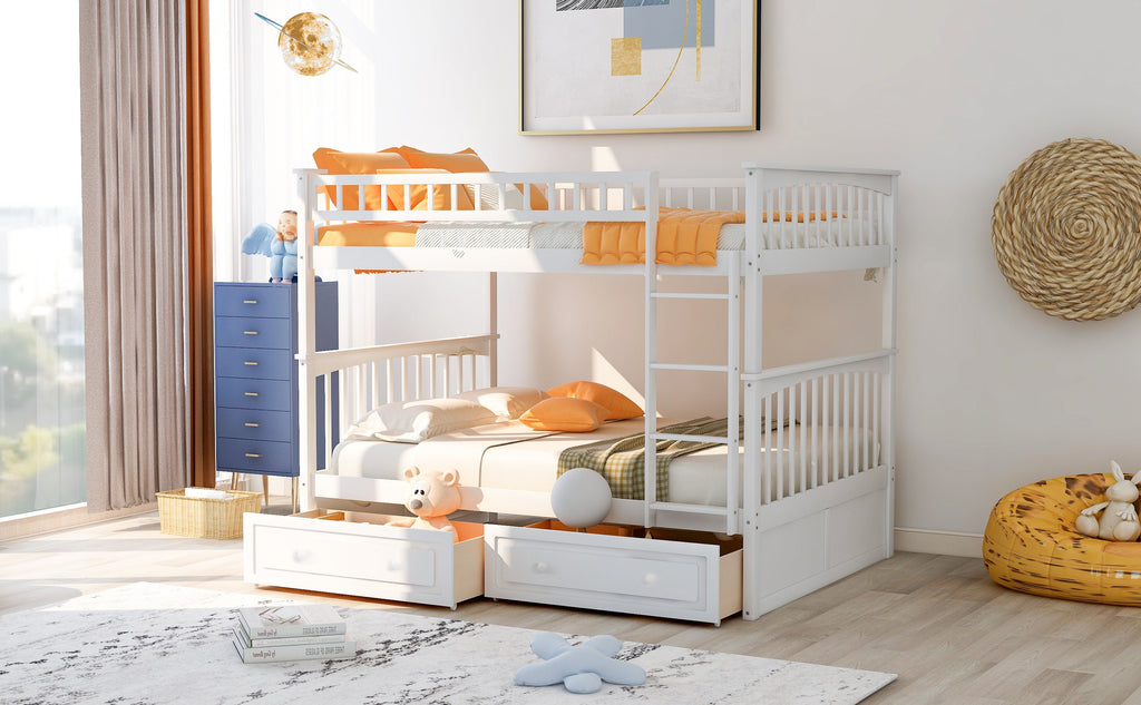 Full over Full Bunk Bed with Drawers  Convertible Beds  White eprolo