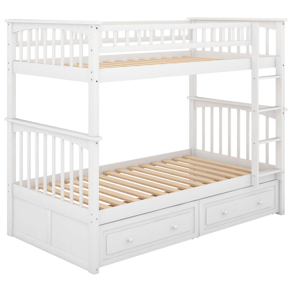 Twin over Twin Bunk Bed with Drawers  Convertible Beds  White eprolo
