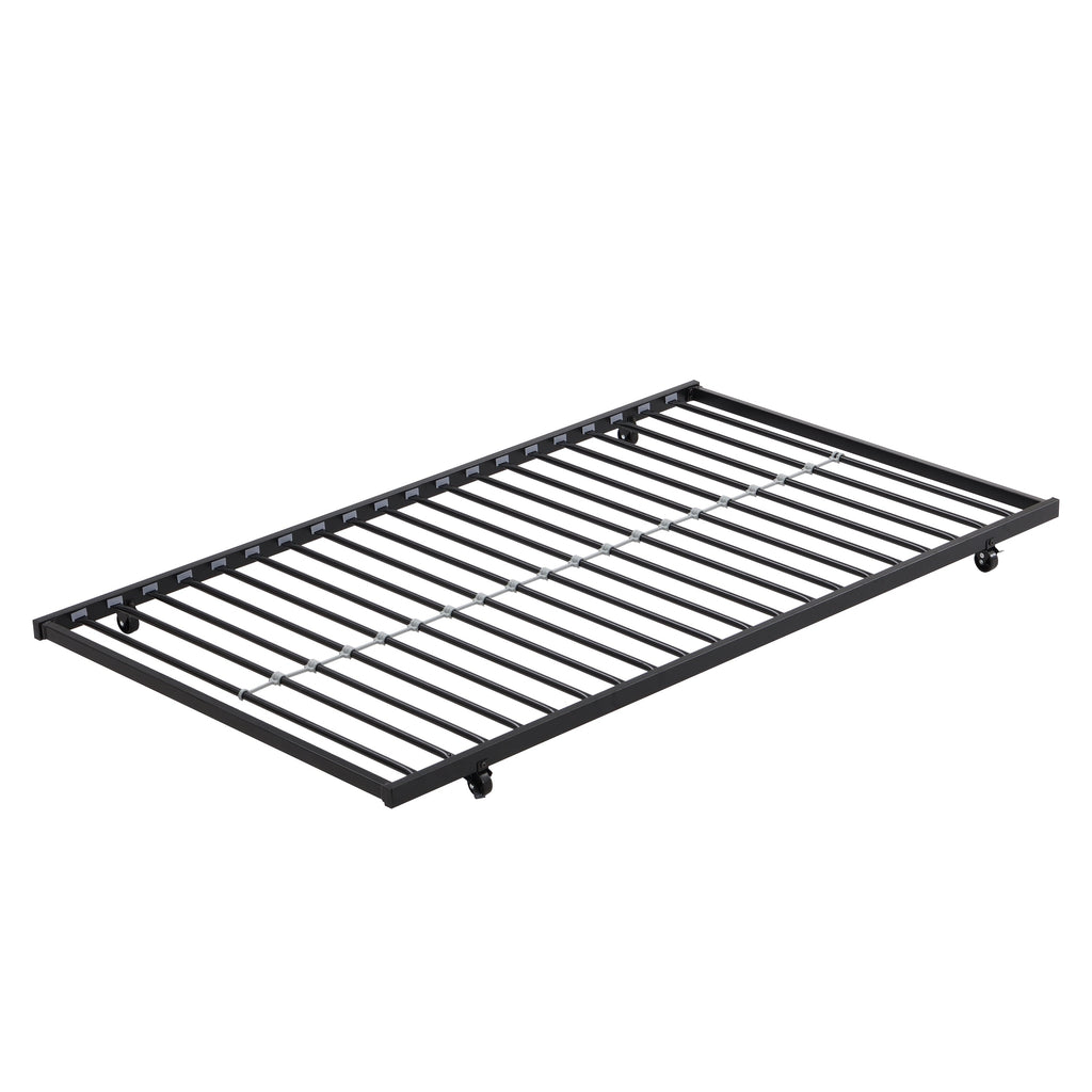 Twin bunk bed frame with trailer, metal bunk bed with sturdy guardrail and side ladder, can be divided into two beds, black eprolo