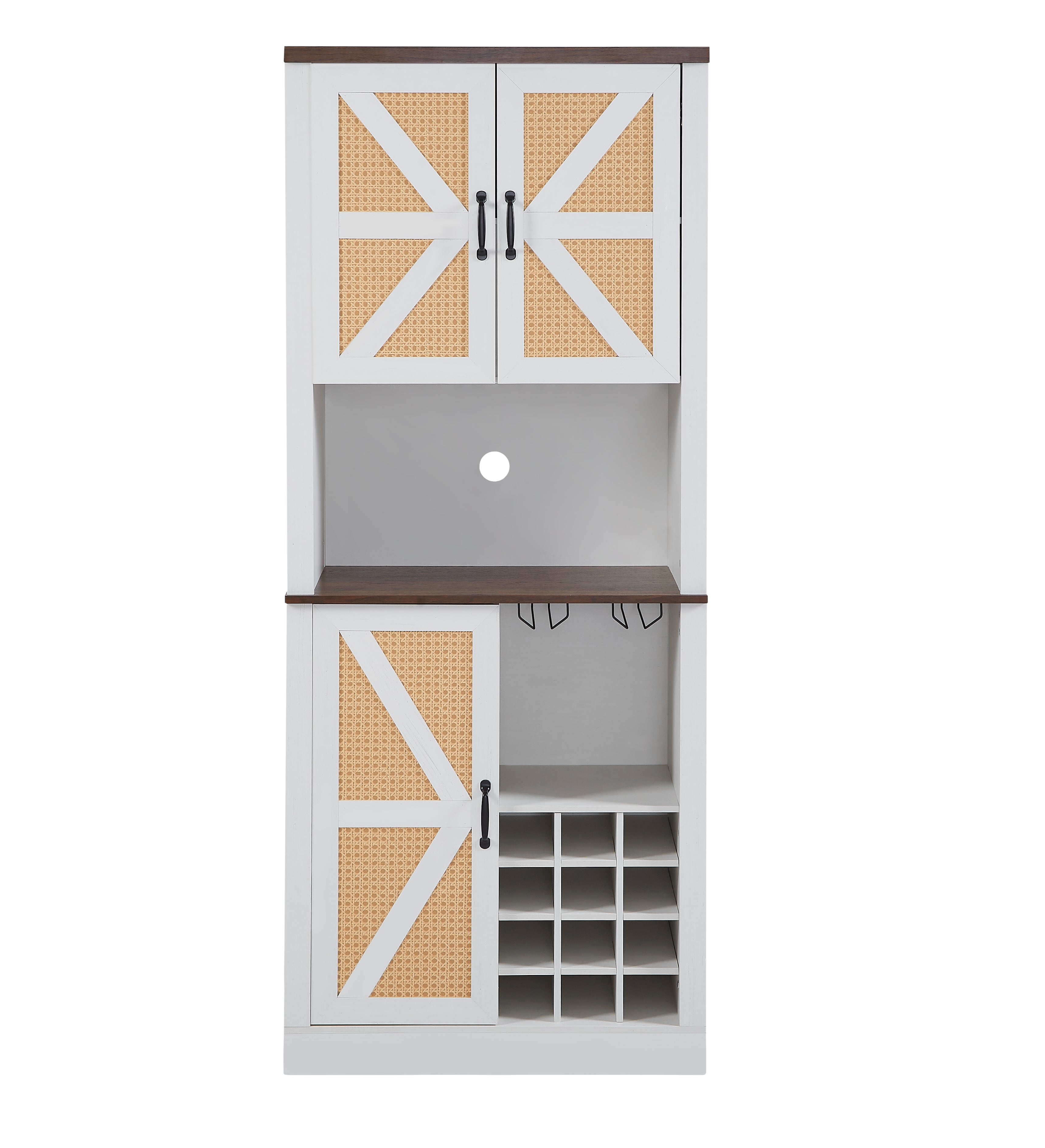 76 Inch Tall Farmhouse Kitchen Faux Rattan Wine Cabinet, Kitchen Bar Cabinet with Square Compartments and Shelves eprolo