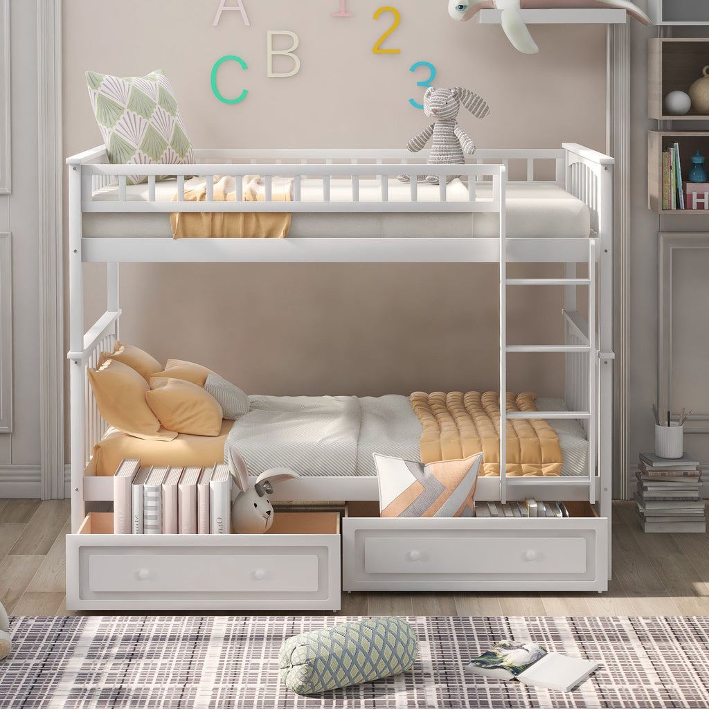 Twin over Twin Bunk Bed with Drawers  Convertible Beds  White eprolo
