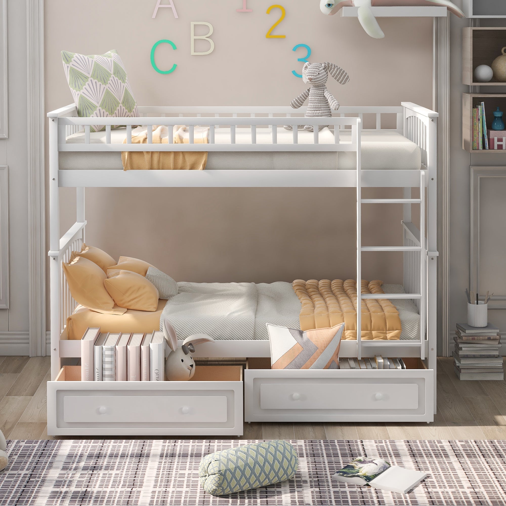 Twin over Twin Bunk Bed with Drawers  Convertible Beds  White eprolo