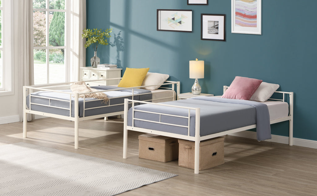 Twin metal bunk beds, metal structure bed frame with safety guardrails and 2 ladders, convertible bunk beds, white eprolo