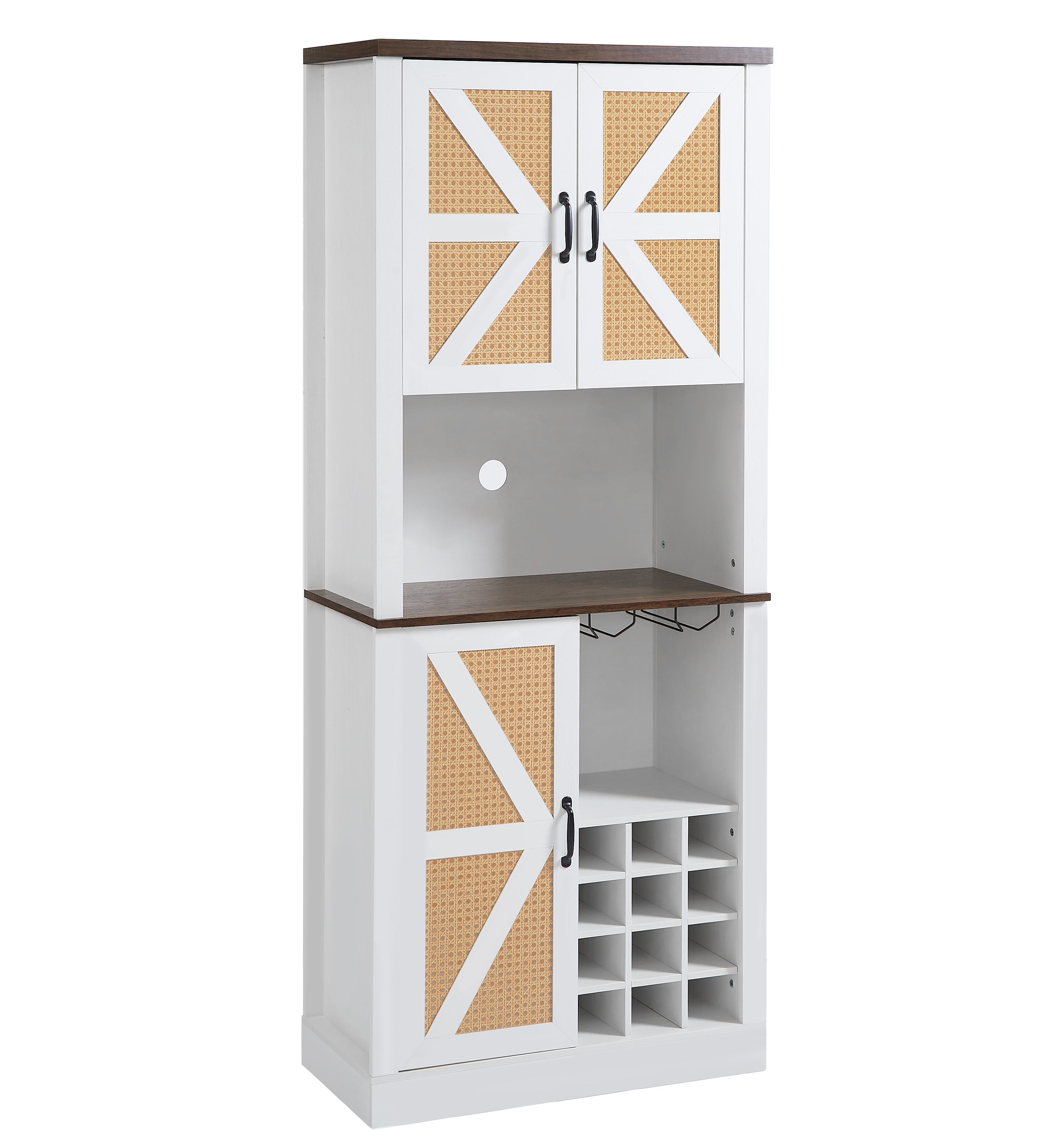 76 Inch Tall Farmhouse Kitchen Faux Rattan Wine Cabinet, Kitchen Bar Cabinet with Square Compartments and Shelves eprolo