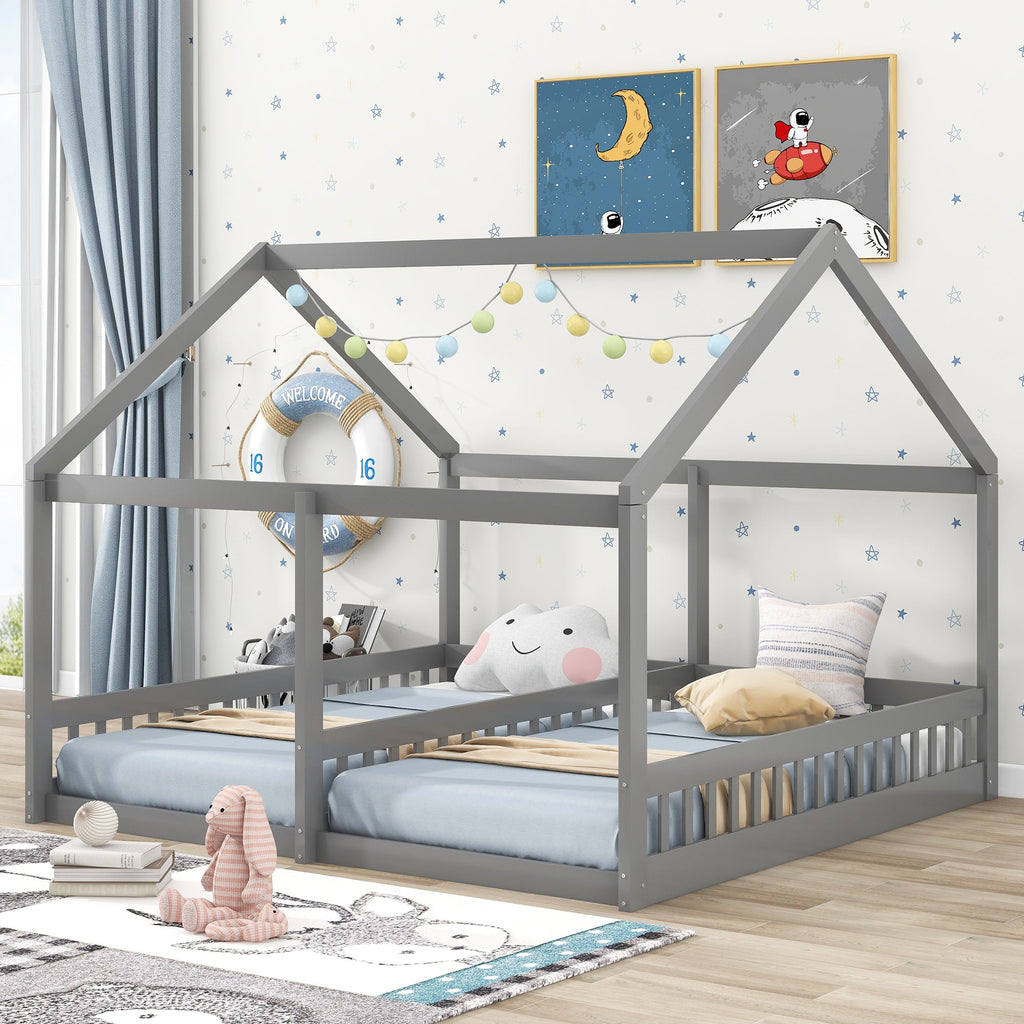 Twin Size House Platform Beds Two Shared Beds Gray eprolo