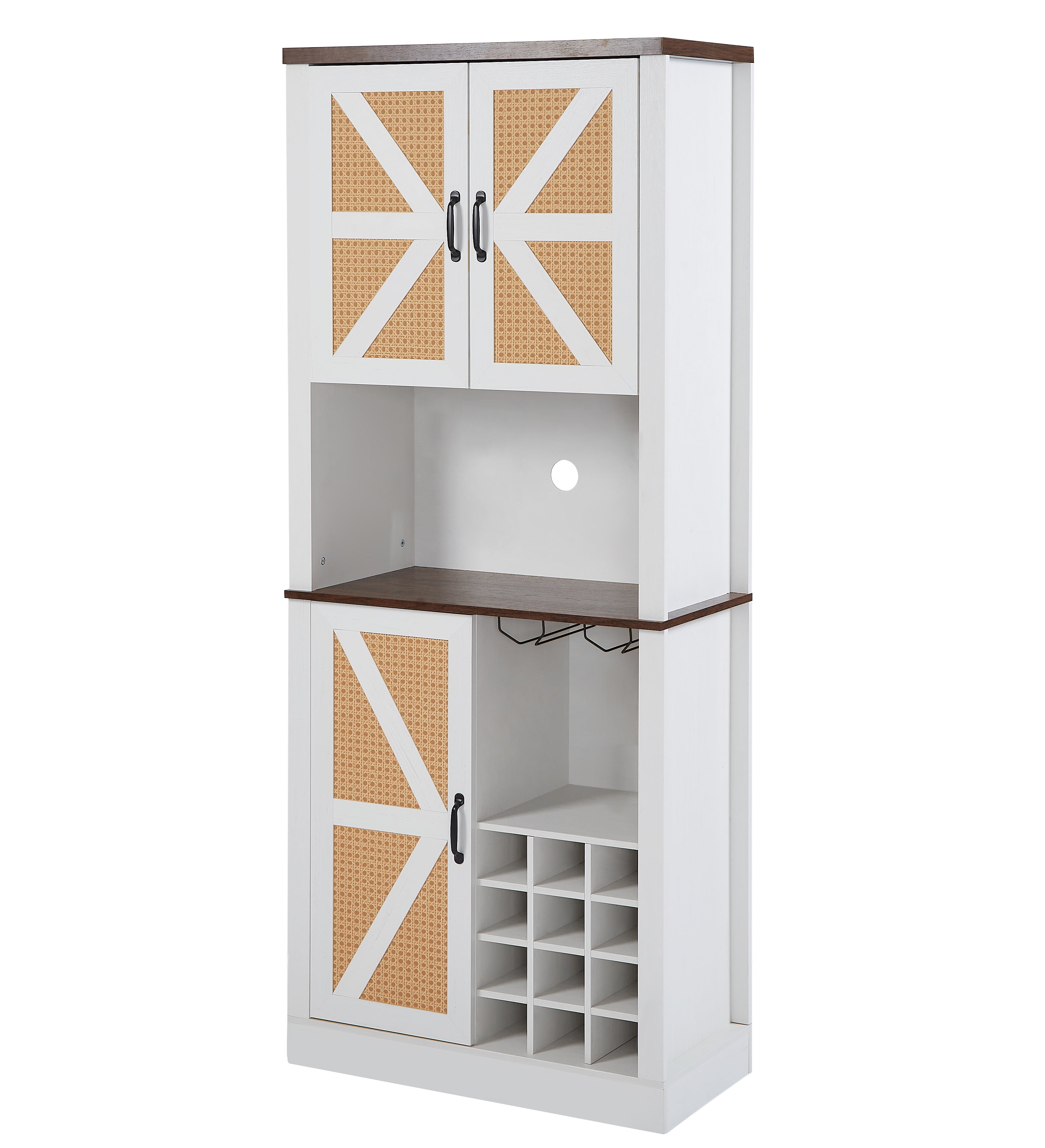 76 Inch Tall Farmhouse Kitchen Faux Rattan Wine Cabinet, Kitchen Bar Cabinet with Square Compartments and Shelves eprolo