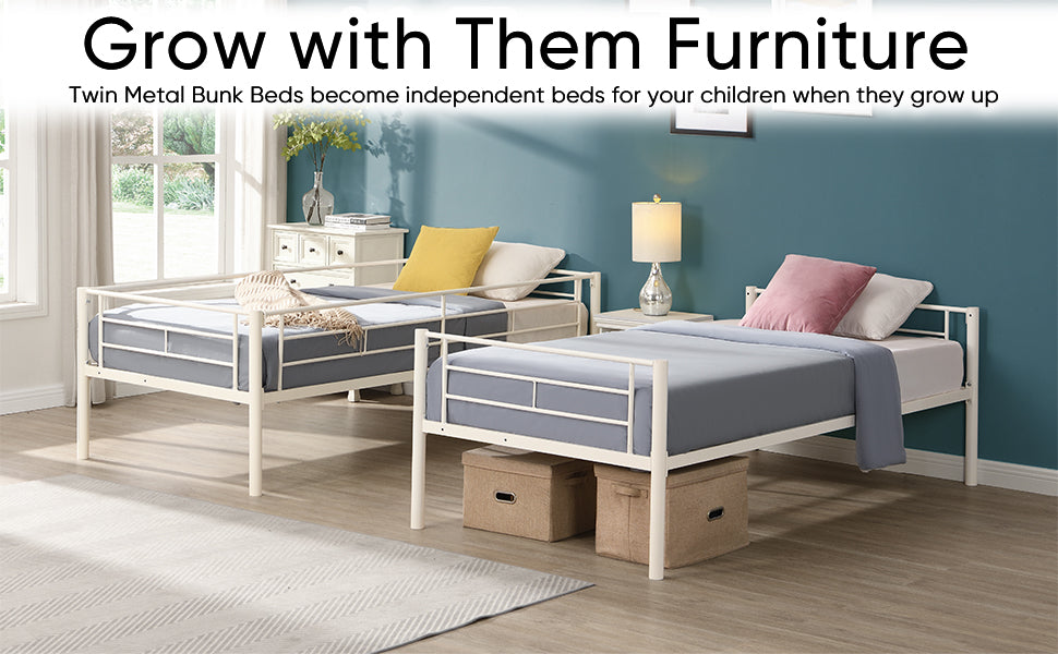 Twin metal bunk beds, metal structure bed frame with safety guardrails and 2 ladders, convertible bunk beds, white eprolo
