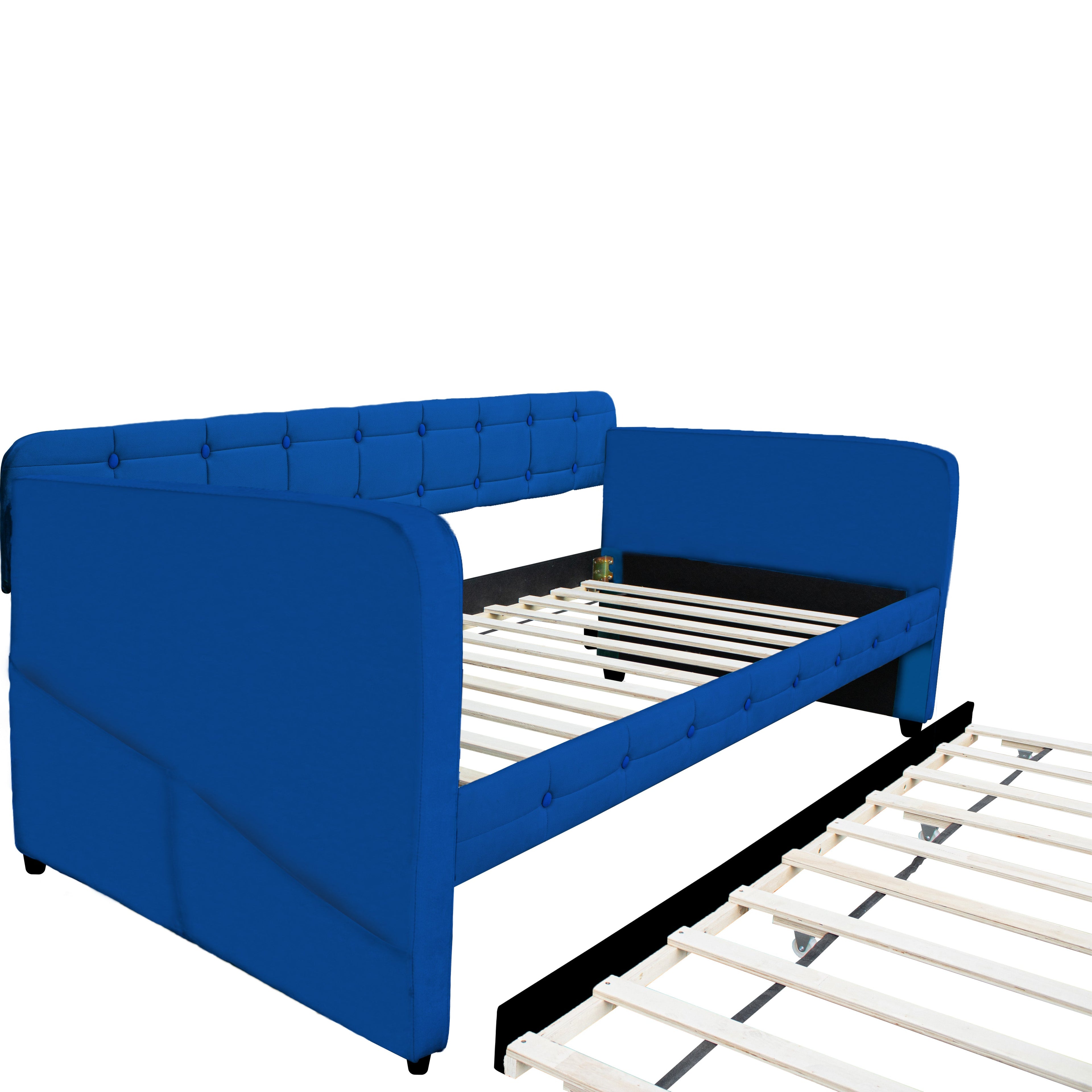 Blue padded twin beds with wheels, velvet fabric, no need for springs eprolo