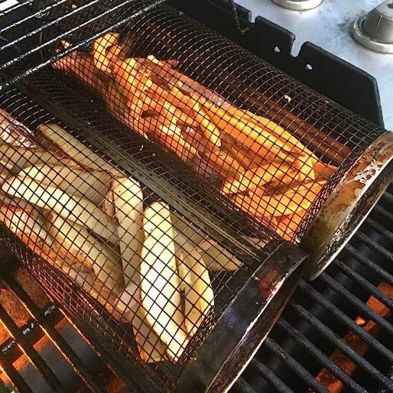 Rolling Grilling Basket Metal BBQ Barbecue Basket Net Portable Outdoor Camping Barbecue Rack Kitchen Gadgets eprolo