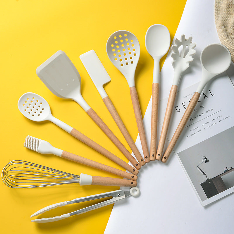 Milky White Silicone Kitchen Set Non-Stick Silicone Kitchen Utensils Cooking Spatula 10-Piece Set With Storage Bucket eprolo